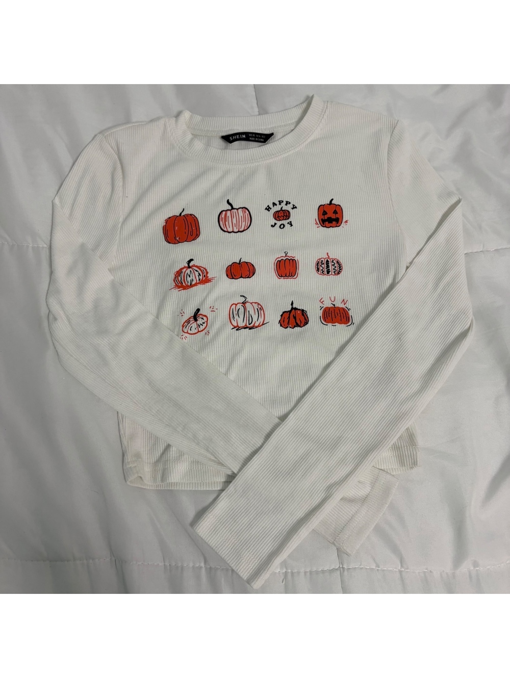 shein fall autumn pumpkin halloween long sleeve white top shirt xs